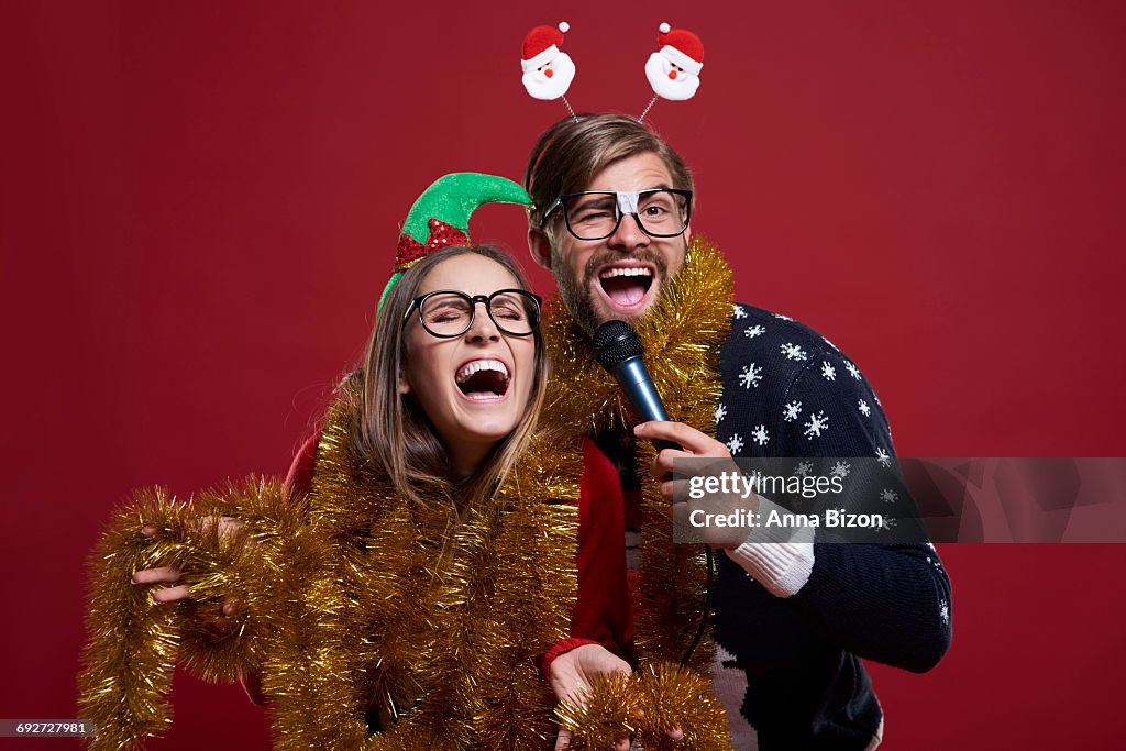 Having karaoke party during Christmas time. Debica, Poland. 