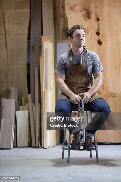 carpenter at his workshop, holding woodwork tool - menuisier photos et images de collection