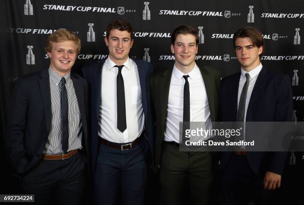 Top prospects Casey Mittelstadt, Gabriel Vilardi, Nolan Patrick and Nico Hischier pose together at the media availability for 2017 NHL draft...