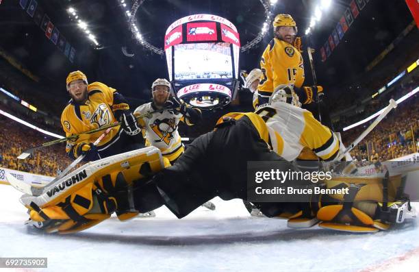Calle Jarnkrok of the Nashville Predators scores a goal against Matt Murray of the Pittsburgh Penguins during the first period in Game Four of the...