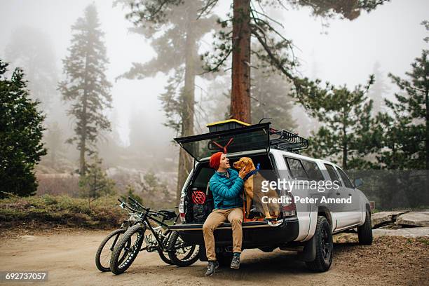 man and dog sitting on tailgate of off road vehicle, sequoia national park, california, usa - off road vehicle imagens e fotografias de stock