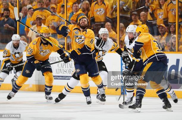 Ron Hainsey of the Pittsburgh Penguins called for a high sticking penalty on PA Parenteau of the Nashville Predators during Game Four of the 2017 NHL...