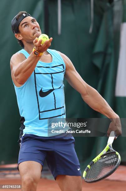 Rafael Nadal of Spain during practice on day 9 of the 2017 French Open, second Grand Slam of the season at Roland Garros stadium on June 5, 2017 in...