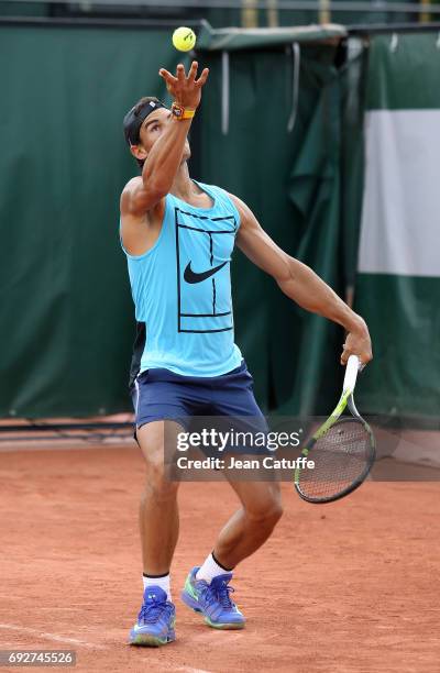 Rafael Nadal of Spain during practice on day 9 of the 2017 French Open, second Grand Slam of the season at Roland Garros stadium on June 5, 2017 in...