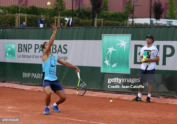 Rafael Nadal of Spain and assistant coach Carlos Moya during practice on day 9 of the 2017 French Open, second Grand Slam of the season at Roland...