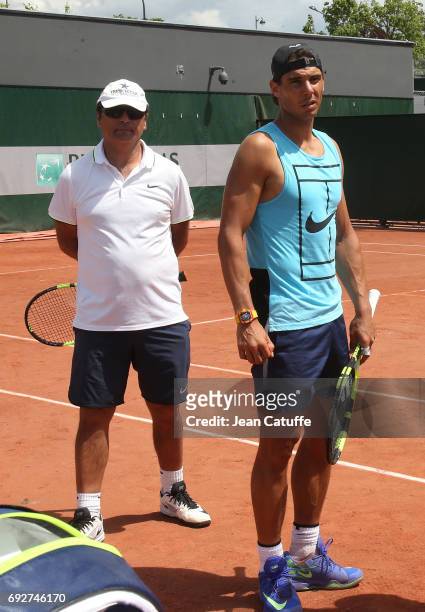 Rafael Nadal of Spain and his uncle/coach Toni Nadal during practice on day 9 of the 2017 French Open, second Grand Slam of the season at Roland...