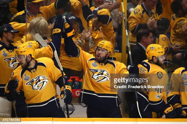 Parenteau of the Nashville Predators celebrates a goal by teammate Calle Jarnkrok against the Pittsburgh Penguins during the first period of Game...