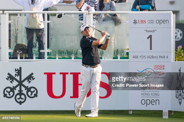 Adilson Da Silva of Brazil tees off the first hole during the 58th UBS Hong Kong Golf Open as part of the European Tour on 10 December 2016, at the...