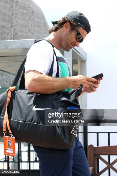 Carlos Moya, assistant coach of Rafael Nadal during practice on day 9 of the 2017 French Open, second Grand Slam of the season at Roland Garros...