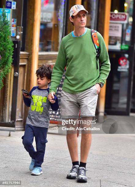 Anthony Weiner and son Jordan Zain Weiner are seen in Chelsea on June 5, 2017 in New York City.