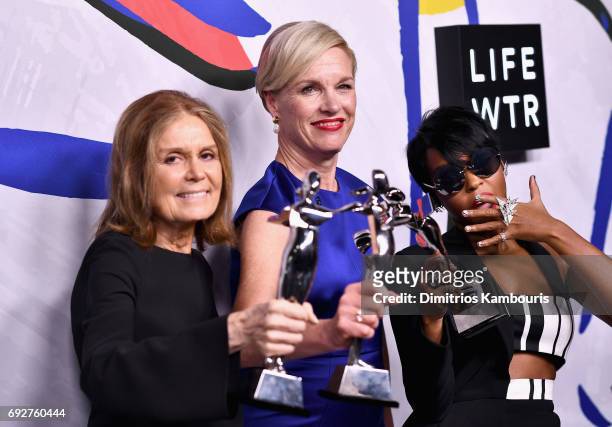 Winners of the Board of Directors' Tribute Gloria Steinem, President of Planned Parenthood, Cecile Richards and Janelle Monáe pose on the Winners...