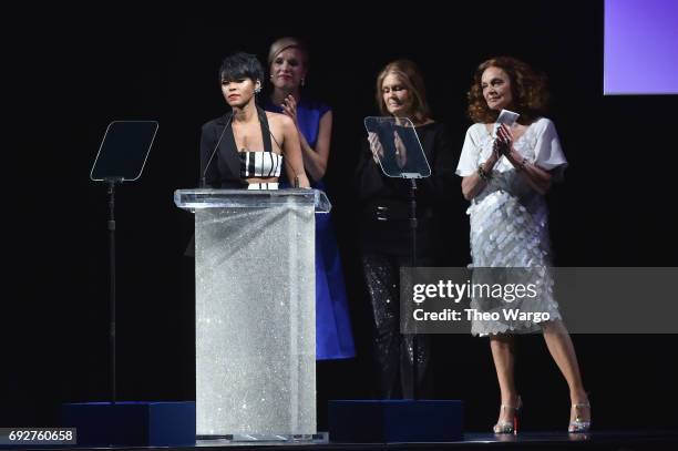 Janelle Monae speaks onstage during the 2017 CFDA Fashion Awards at Hammerstein Ballroom on June 5, 2017 in New York City.