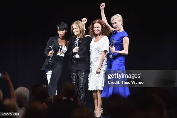 Janelle Monae, Gloria Steinem, Diane von Furstenberg and Cecile Richards pose onstage during the 2017 CFDA Fashion Awards at Hammerstein Ballroom on...