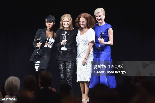 Janelle Monae, Gloria Steinem, Diane von Furstenberg and Cecile Richards pose onstage during the 2017 CFDA Fashion Awards at Hammerstein Ballroom on...