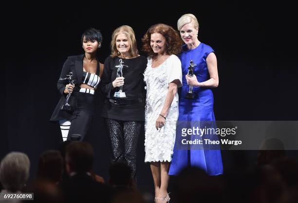 Janelle Monae, Gloria Steinem, Diane von Furstenberg and Cecile Richards pose onstage during the 2017 CFDA Fashion Awards at Hammerstein Ballroom on...