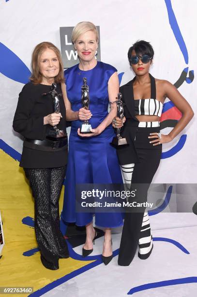 Winners of the Board of Directors' Tribute Gloria Steinem, President of Planned Parenthood, Cecile Richards and Janelle Monáe pose on the Winners...