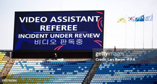 Play is paused for the Video Assistant Referee to review a play during the FIFA U-20 World Cup Korea Republic 2017 Quarter Final match between Italy...