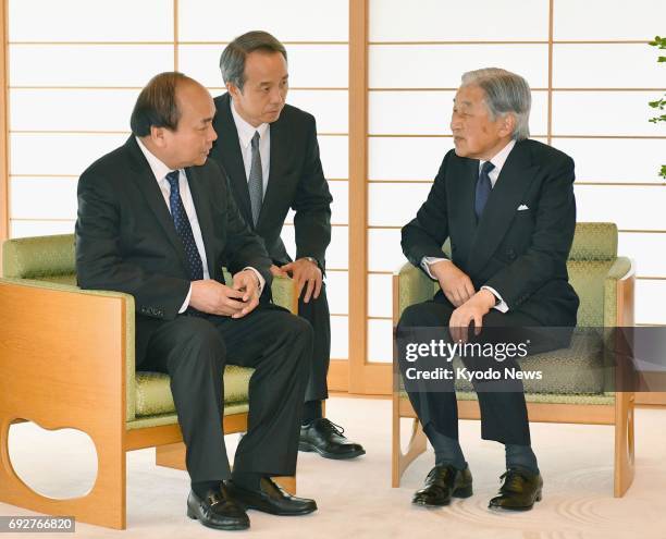 Japanese Emperor Akihito meets with Vietnamese Prime Minister Nguyen Xuan Phuc at the Imperial Palace in Tokyo on June 6, 2017. The Vietnamese leader...