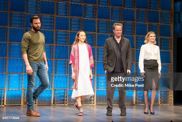 Quincy Dunn-Baker, Sue Jean Kim, Matthew Perry, and Jennifer Morrison are seen on stage during the opening night curtain call of "The End Of Longing"...