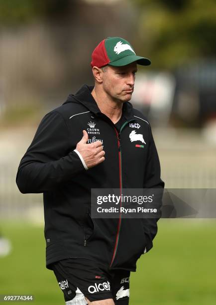 Michael Maguire, coach of the Rabbitohs looks on during the South Sydney Rabbitohs NRL training session at Redfern Oval on June 6, 2017 in Sydney,...