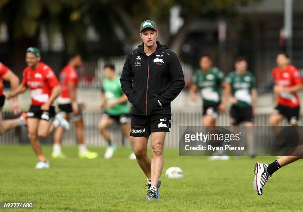 Michael Maguire, coach of the Rabbitohs looks on during the South Sydney Rabbitohs NRL training session at Redfern Oval on June 6, 2017 in Sydney,...