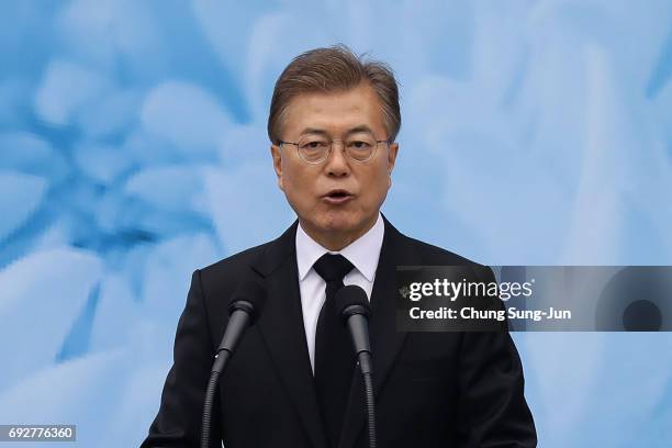 South Korean President Moon Jae-in speaks during a ceremony marking Korean Memorial Day at the Seoul National cemetery on June 6, 2017 in Seoul,...