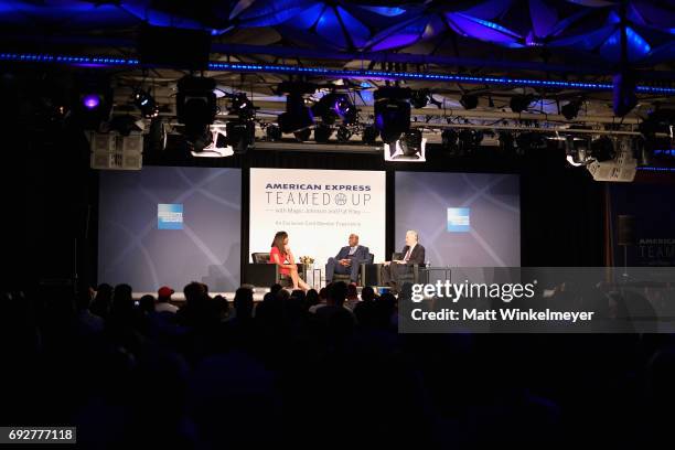 Tv personality Cari Champion, Magic Johnson and Pat Riley speak onstage during the American Express Teamed Up with Magic Johnson and Pat Riley on...