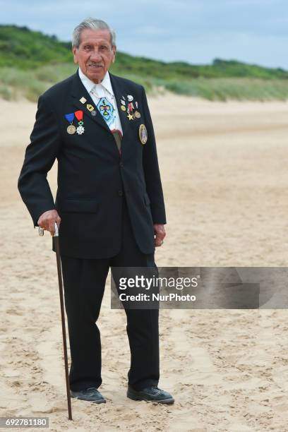 Portrait of Charles Norman Shay , a Native American, a Penobscot tribal elder and a veteran-soldier from WWII, returns to Omaha beach for the 73rd...