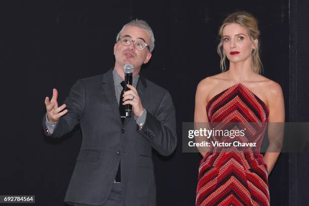Film director Alex Kurtzman and actress Annabelle Wallis attend the unveiling of an art poster inspired by the film "The Mummy" made by artist...