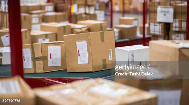 kartonnen dozen pakket op transportband - boxes conveyor belt stockfoto's en -beelden