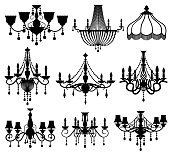 Classic crystal glass antique elegant chandeliers black vector silhouettes