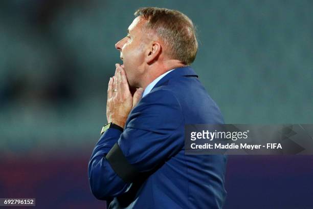 Head coach Paul Simpson of England reacts after his team misses a shot on goal during the FIFA U-20 World Cup Korea Republic 2017 Quarter Final match...