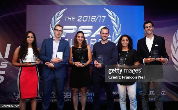 Nouran Gohar of Egypt, Nick Matthew of England, Camille Serme of France, Gregory Gaultier of France, Rameen El Welily of Egypt and Ali Farag of Egypt...