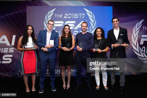 Nouran Gohar of Egypt, Nick Matthew of England, Camille Serme of France, Gregory Gaultier of France, Rameen El Welily of Egypt and Ali Farag of Egypt...