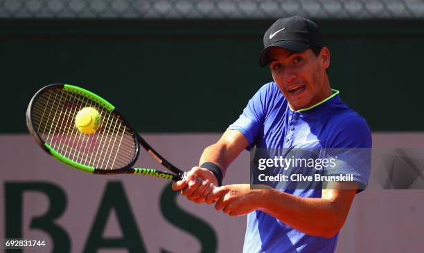 Yshai Oliel of Isreal in action during boys singles match against Tibo Colson of Belgium on day nine of the 2017 French Open at Roland Garros on June...