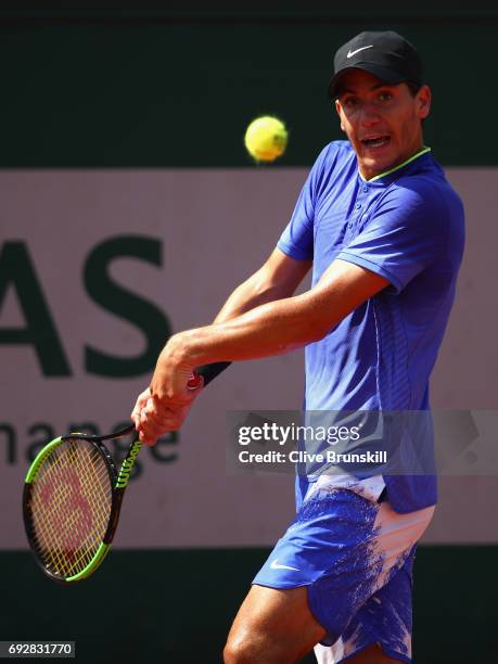 Yshai Oliel of Isreal in action during boys singles match against Tibo Colson of Belgium on day nine of the 2017 French Open at Roland Garros on June...