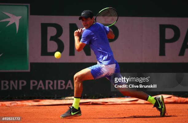 Yshai Oliel of Isreal in action during boys singles match against Tibo Colson of Belgium on day nine of the 2017 French Open at Roland Garros on June...