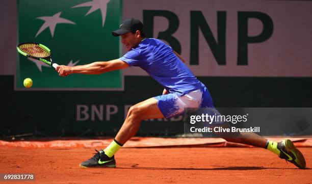 Yshai Oliel of Isreal in action during boys singles match against Tibo Colson of Belgium on day nine of the 2017 French Open at Roland Garros on June...