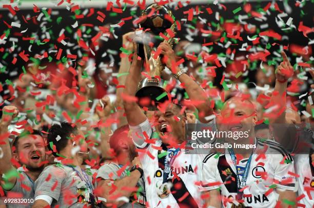 Vadis Odjidja-Ofoe and Adam Hlousek of Legia Warszawa celebrates winning the league after the LOTTO Ekstraklasa match between Legia Warszawa and...