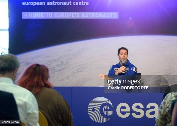 French ESA astronaut Thomas Pesquet attends a press conference in Cologne, western Germany, on June 6 after his arrival in Germany at the ESA...