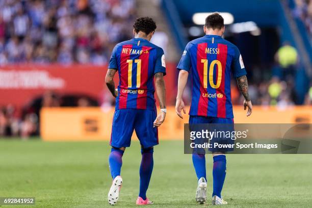 Neymar da Silva Santos Junior of FC Barcelona and Lionel Andres Messi of FC Barcelona celebrating a score during the Copa Del Rey Final between FC...
