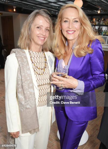Sabrina Guinness and Jerry Hall attend the launch of new book "Climate Of Hope" by Michael Bloomberg and Carl Pope at The Ned on June 5, 2017 in...