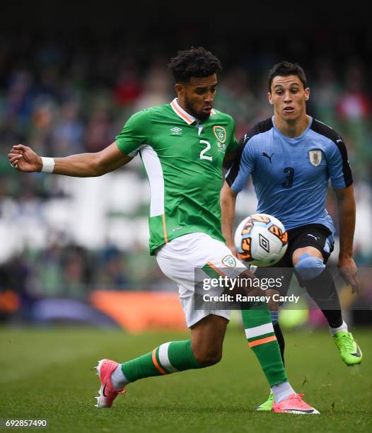 Leinster , Ireland - 4 May 2017; Cyrus Christie of Republic of Ireland in action against Federico Ricca of Uruguay during the international friendly...