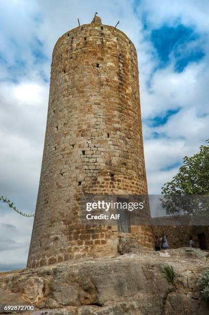 torre de les hores (tower of the hours) in pals, girona province, spain - fiume onyar foto e immagini stock