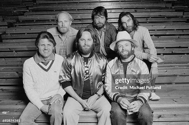 American rock group The Beach Boys, Oslo, Norway, 1982. Back row, left to right: Mike Love, Brian Wilson and Dennis Wilson . Front row, left to...