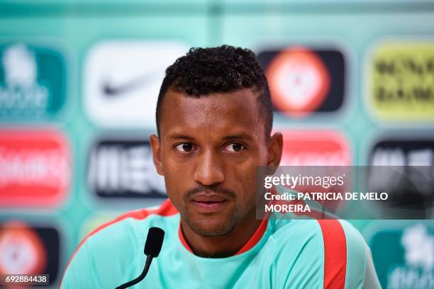 Portugal's forward Nani looks on during a press conference at "Cidade do Futebol" training camp in Oeiras, outskirts of Lisbon, on June 6, 2017 two...