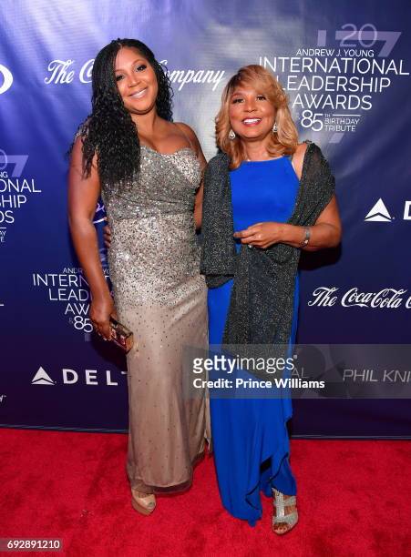 Trina Braxton and Evelyn Braxton attend the 2017 Andrew Young International Leadership awards and 85th Birthday tribute at Philips Arena on June 3,...