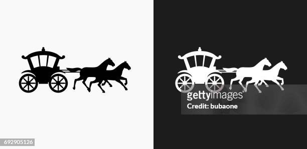horse carriage icon on black and white vector backgrounds - carriage stock illustrations