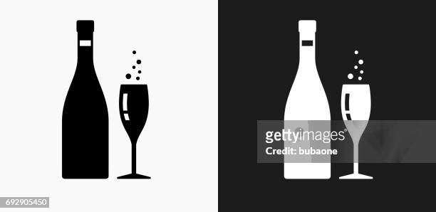 champagne bottle and glass icon on black and white vector backgrounds - champagne glasses stock illustrations