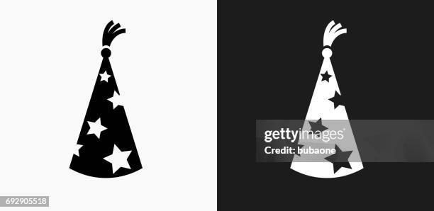 wizard hat icon on black and white vector backgrounds - multiple hats stock illustrations